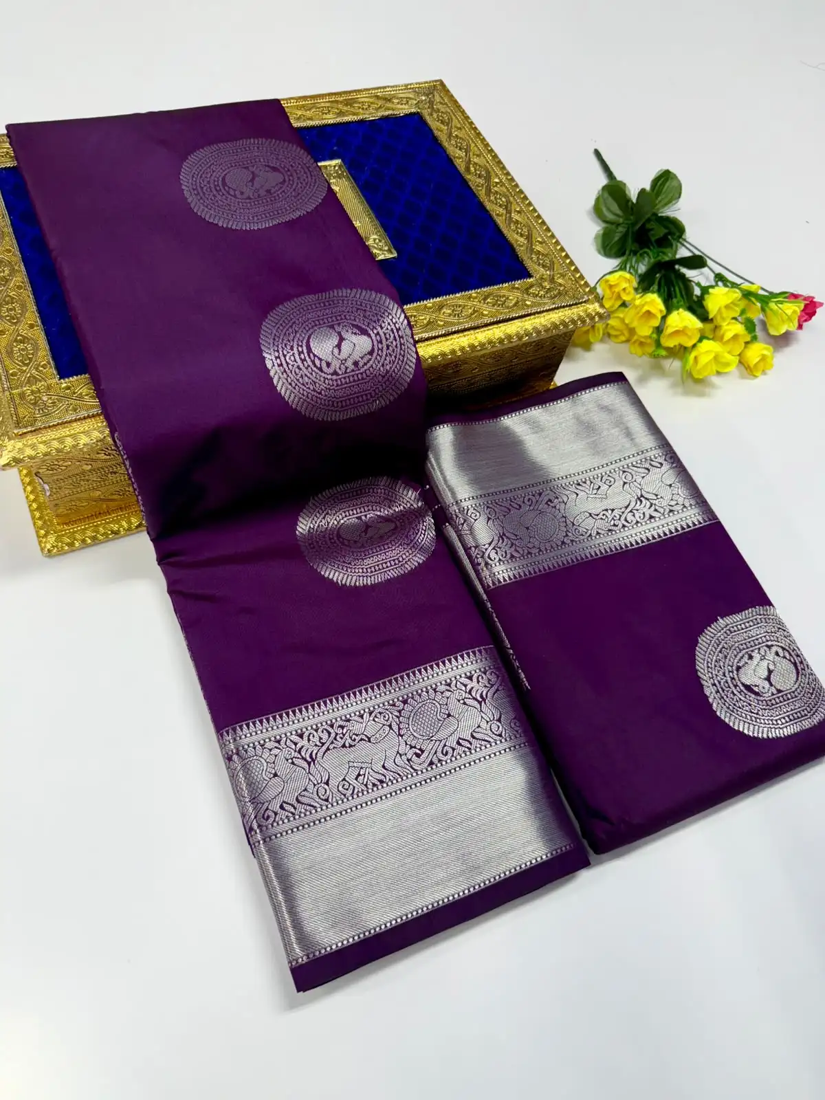 Peacock Floral Round Motif Zari Butta Elephant Brocade Border Semi Kanchipuram Silk Saree